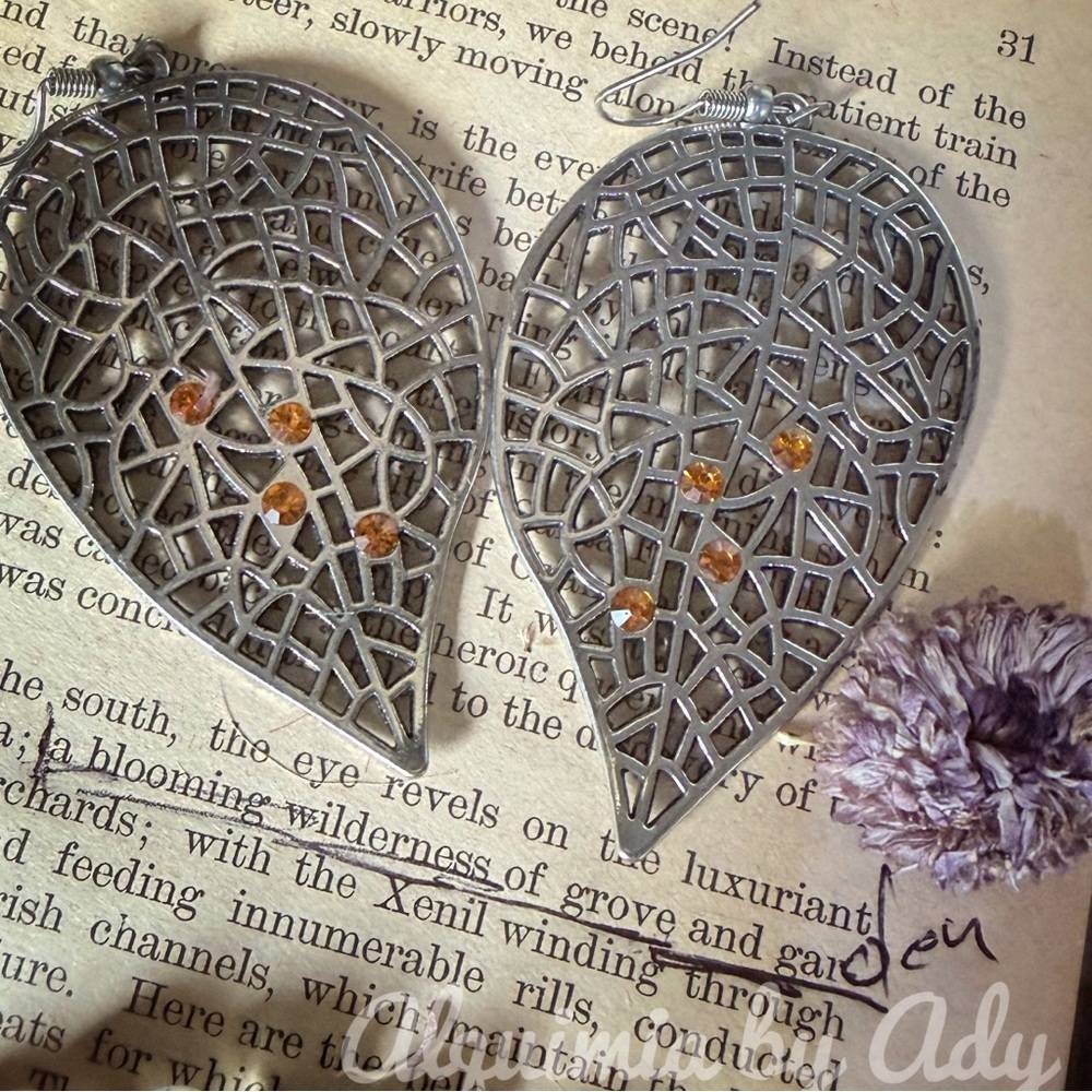 Silver Leaf Earrings with Orange crystals Accents